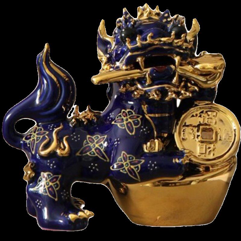 手工陶瓷蓝色描金招财小麒麟一对摆件新中式玄关家居日式软装饰品