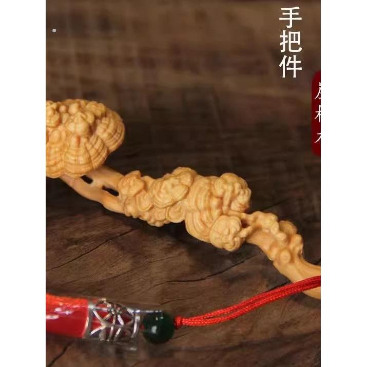 土加木雕灵芝如意带流苏实木创意手持便携板玩家庭桌面装饰摆件