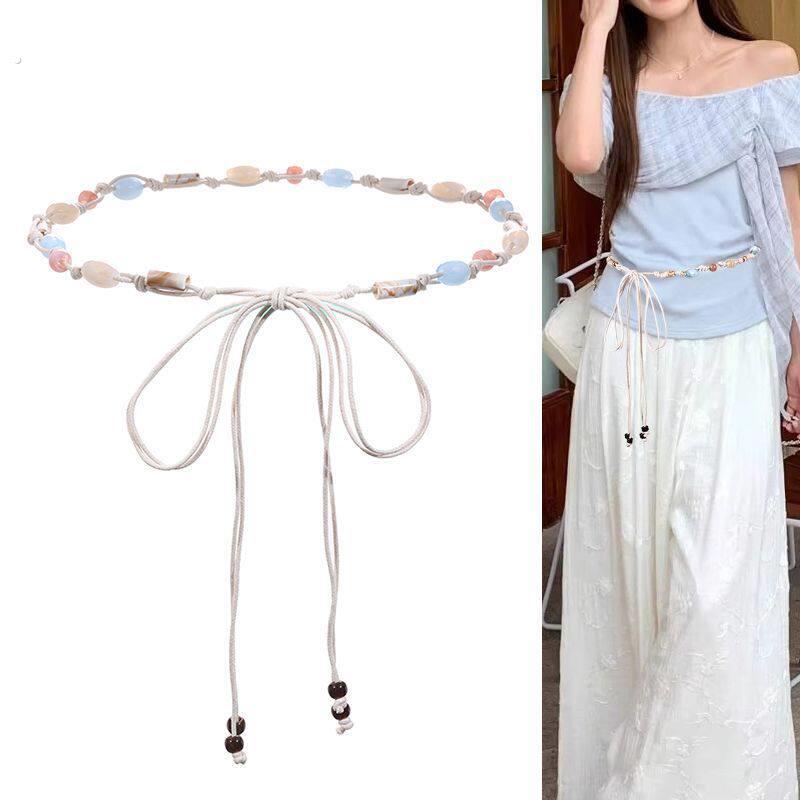 白色编织细腰带女装饰配洋装子波西米亚民族风腰绳腰炼夏季配饰