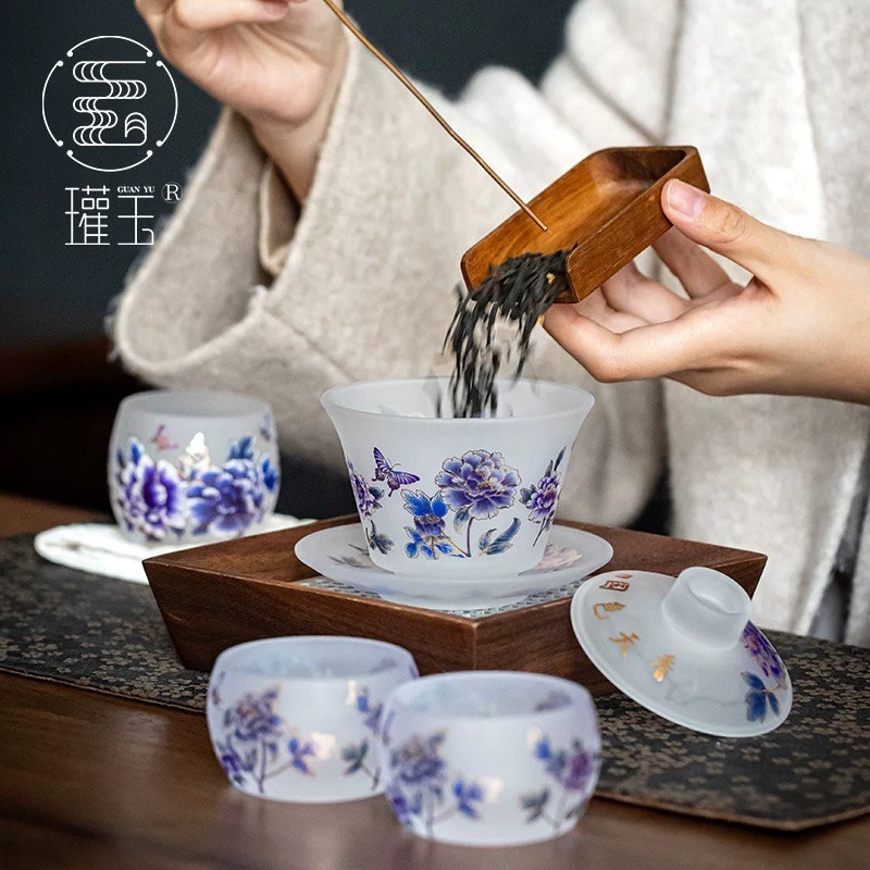 灌玉国色天香变色冰冻烧水晶盖碗茶具套装礼品国潮喝茶泡茶杯盖碗