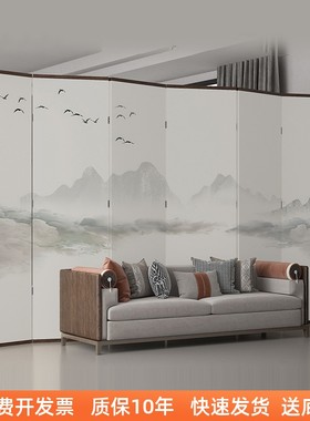 新中式实木屏风隔断折叠移动办公室酒店浅色国画客厅沙发背景墙