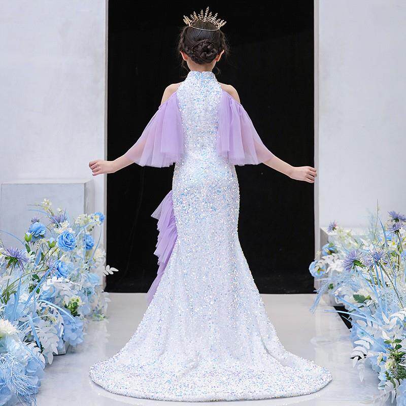 女童走秀礼服连衣裙拖尾长款鱼尾裙亮片演出生日模特钢琴主持公主