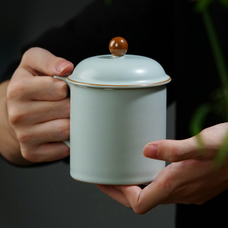 汝窑陶瓷杯带盖手工办公杯青瓷景德镇茶杯开片可养中式水杯礼盒装