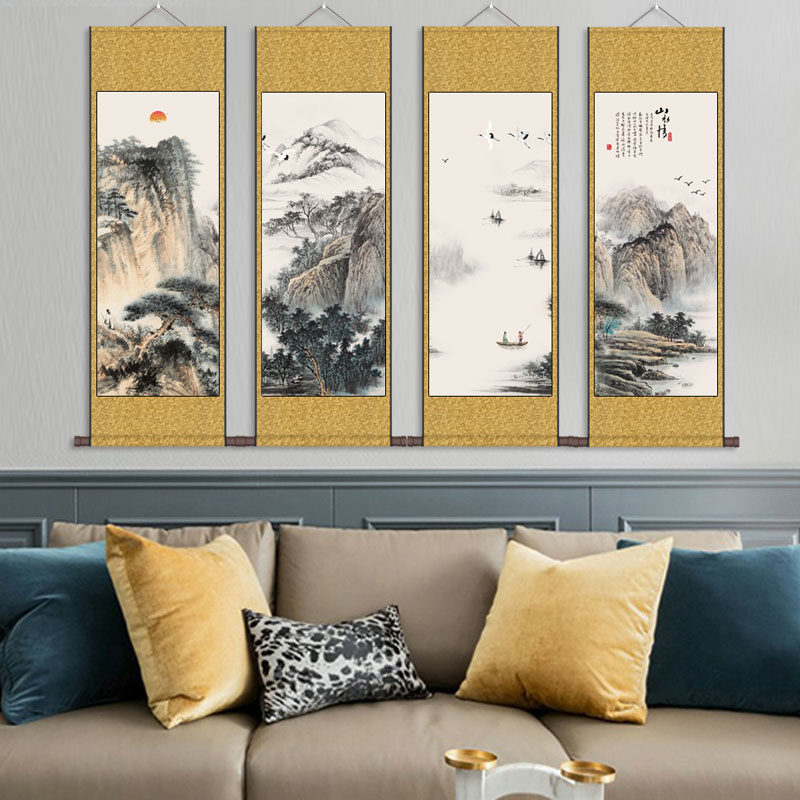 禅意简约四条屏装饰画山水画国画山水情丝绢卷轴挂画中式客厅竖幅