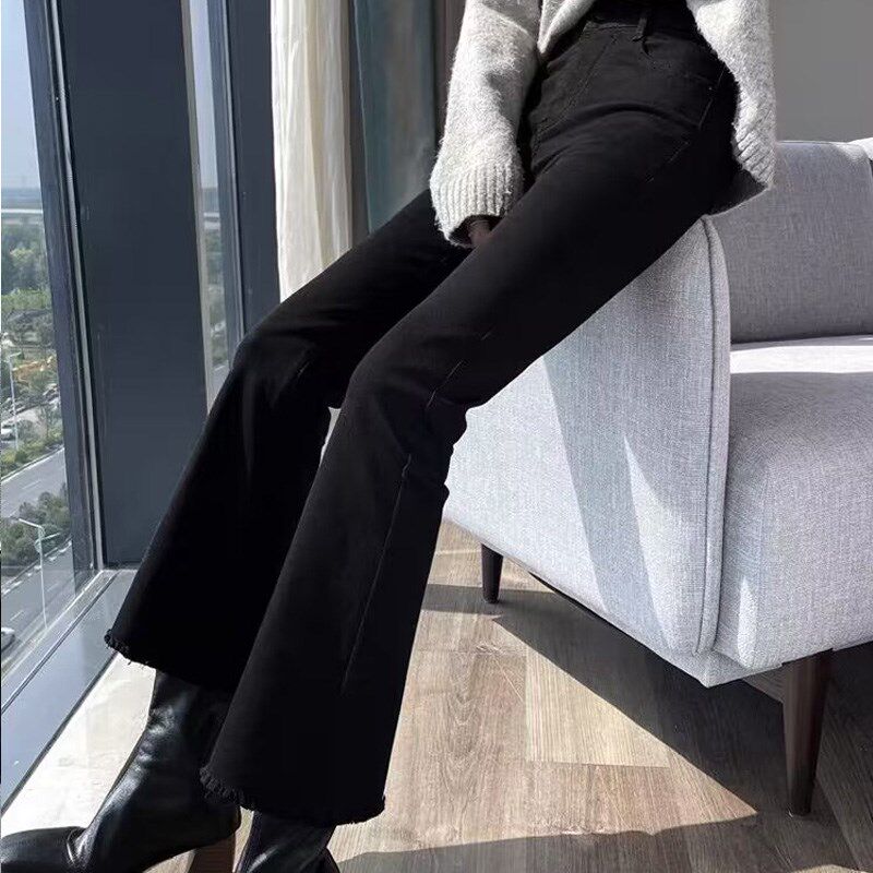 加绒加厚高腰毛边喇叭牛仔裤女2024年冬季新款小个子九分微喇裤子