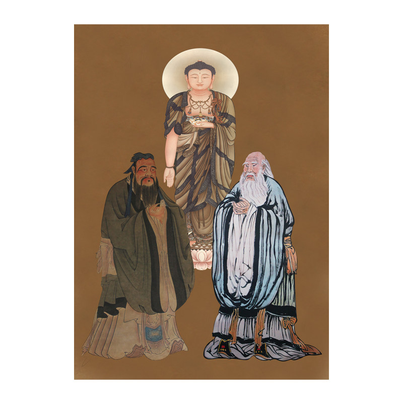儒释道三教画像挂画儒家老子孔子释迦牟尼佛祖玄关装饰丝绸卷轴画