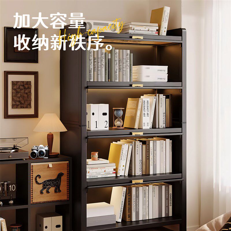 中古风书柜一体靠墙带门收纳柜客厅儿童书架落地置物架钢制收纳柜