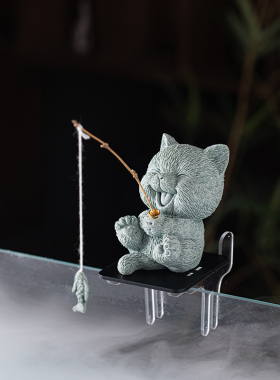 可爱治愈系小猫钓鱼茶宠摆件创意钓鱼台底座萌猫垂钓鱼缸造景装饰