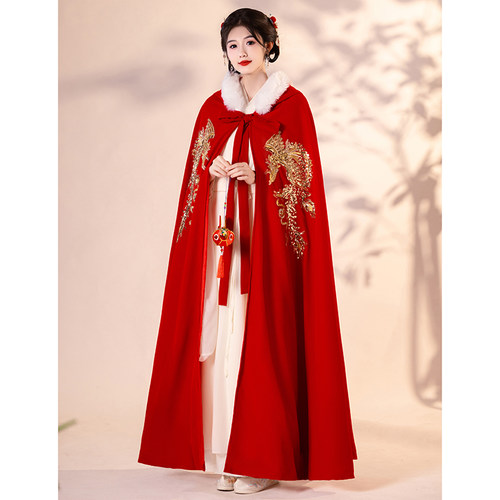 2024新款汉服披风女冬季古风新娘结婚斗篷加厚加绒保暖红色披肩