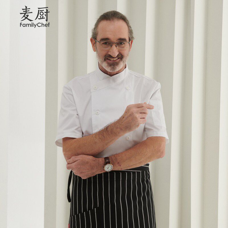 麦厨后厨中式长袖厨师服工作服七分袖白色双排扣中袖酒店厨衣工服