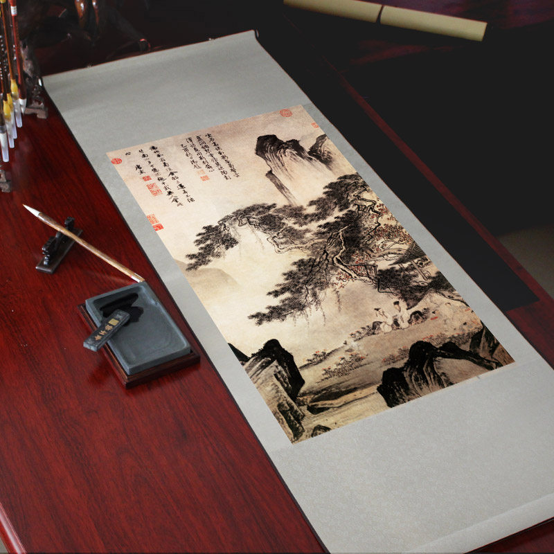 丝绸卷轴画唐伯虎国画山水画古代名画办公室客厅竖版复古装饰挂画