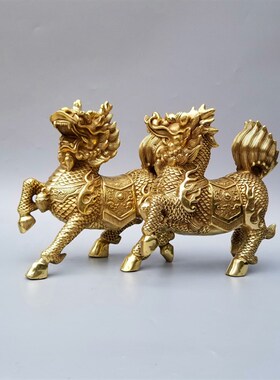 仿古铜麒麟摆件一对桌面铜火麒麟送子家居客厅工艺礼品托宝铜麒麟