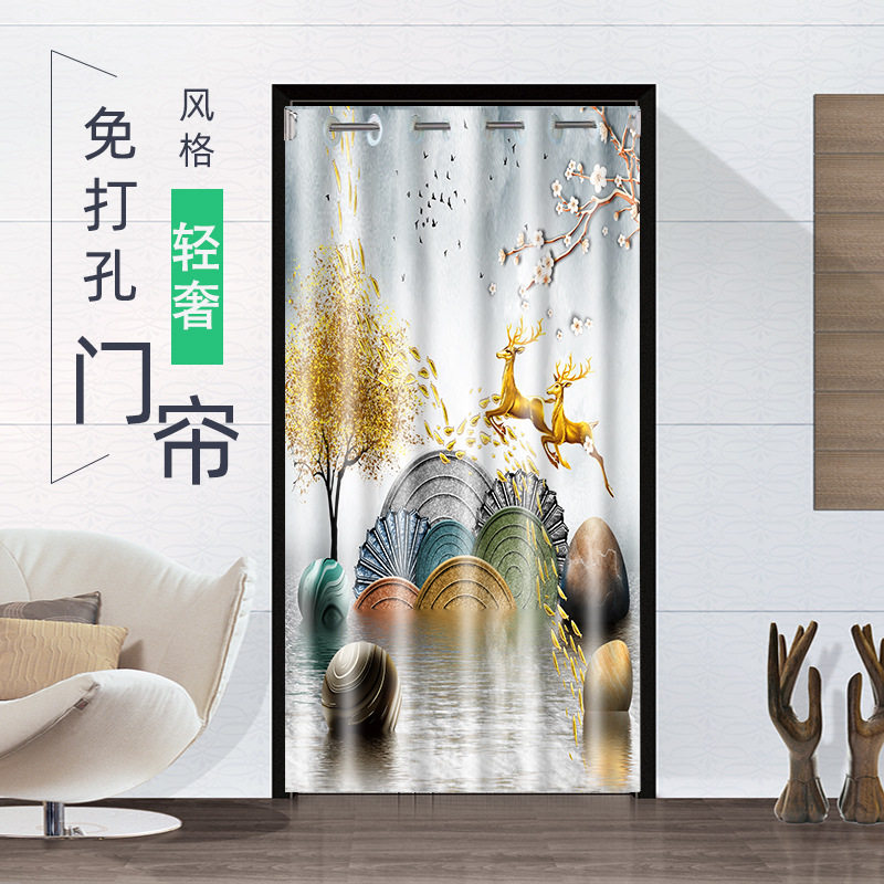 新中式免打孔布艺门帘隔断帘家用挡风防冷气厨房卧室门帘伸缩杆