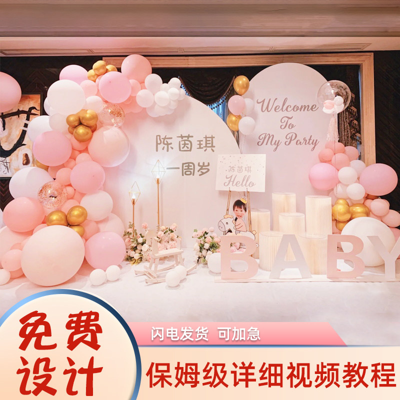 少女粉色系女宝宝生日会场景布置背景板百天一周岁宴装饰气球KT板