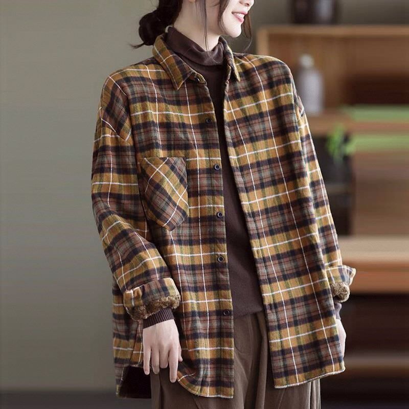 新款衬衫格子磨毛设计感2024冬加绒衬衣秋叠穿女外套小众文艺加厚
