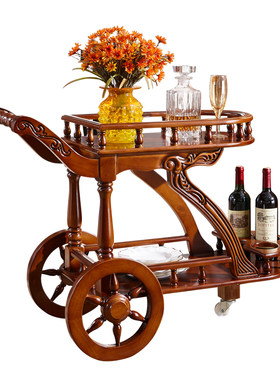 粤港家具欧式餐车全实木推车家用餐厅豪华手推车双层移动酒店推出