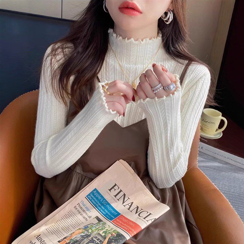 白色半高领毛衣打底衫女开春内搭2025年新款木耳边针织衫长袖上衣