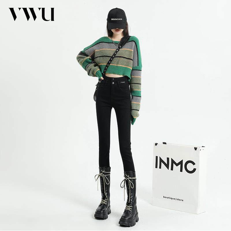 VWU高弹紧身小脚牛仔裤女2025秋冬款高腰弹力显瘦修身九分铅笔裤