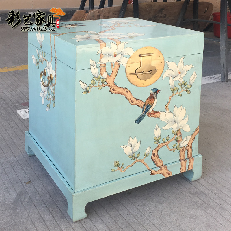 香樟木箱床头柜沙发边几小茶几边桌中式田园彩绘储物收纳柜字画箱