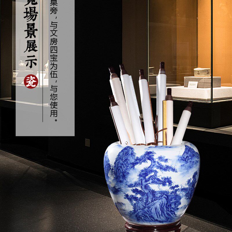 景德镇陶瓷摆件中式花瓶客厅玄关画缸卷轴缸书画桶箭筒花瓶青花瓷