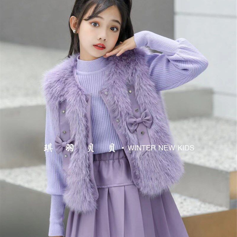 女童连衣裙冬装2024新款儿童洋气中大童皮草马甲加绒裙子三件套裙