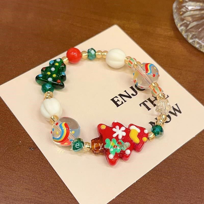 儿童圣诞节手链圣诞树彩色串珠手串女童可爱姜饼人手环女节日礼物