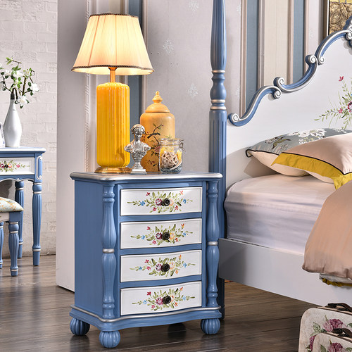 美式乡村床头柜收纳柜床边柜边角柜实木四斗柜简约蓝色彩绘欧式