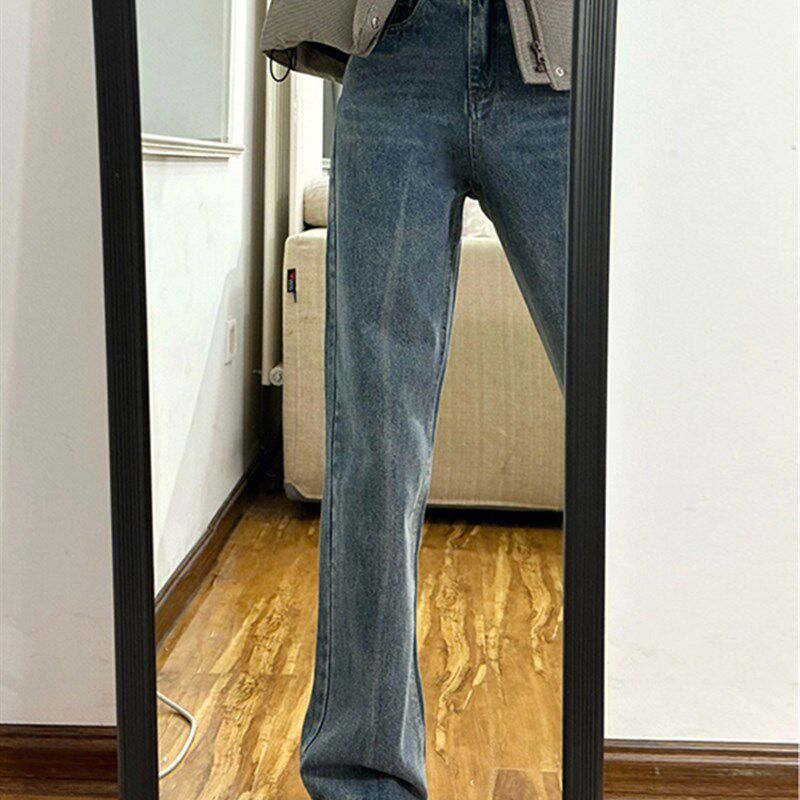 蓝色直筒牛仔裤女春秋新款大码胖mm高腰宽松显瘦梨型身材阔腿裤子