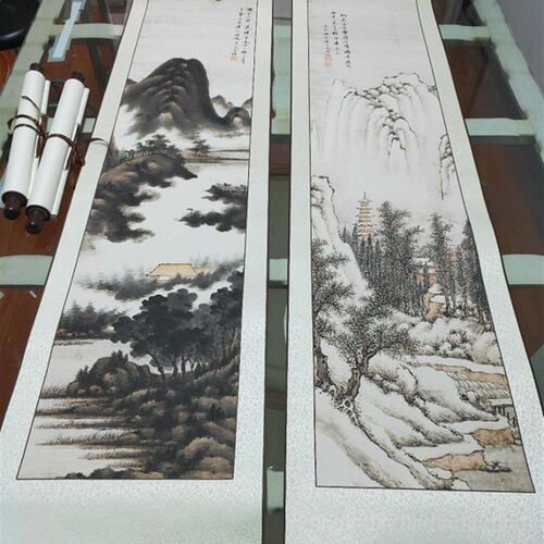 中国风四联装饰画 明俭山水四条屏 古代名家宣纸画高清临摹微喷