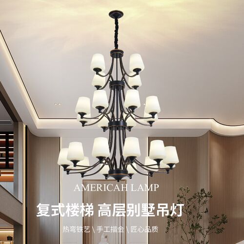 别墅复式楼客厅大吊灯美式旋转楼梯复古loft公寓双层灯具