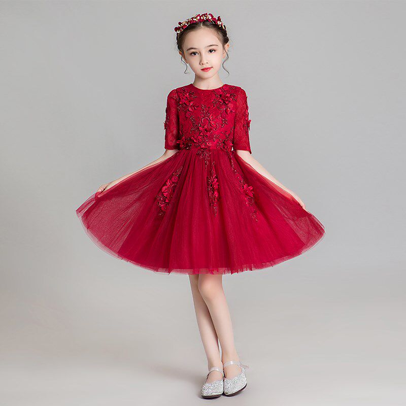 儿童礼服公主裙蓬蓬纱女童婚纱小主持人红色演出服模特走秀表演服