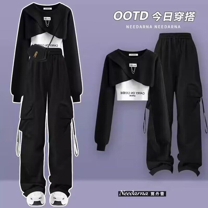 女童早秋套装2024新款洋气高级感设计卫衣时髦吊带工装阔腿裤三件