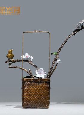 《喜鹊花篮》铜金岁月黄铜摆件工艺品铜器新中式客厅玄关酒柜装饰