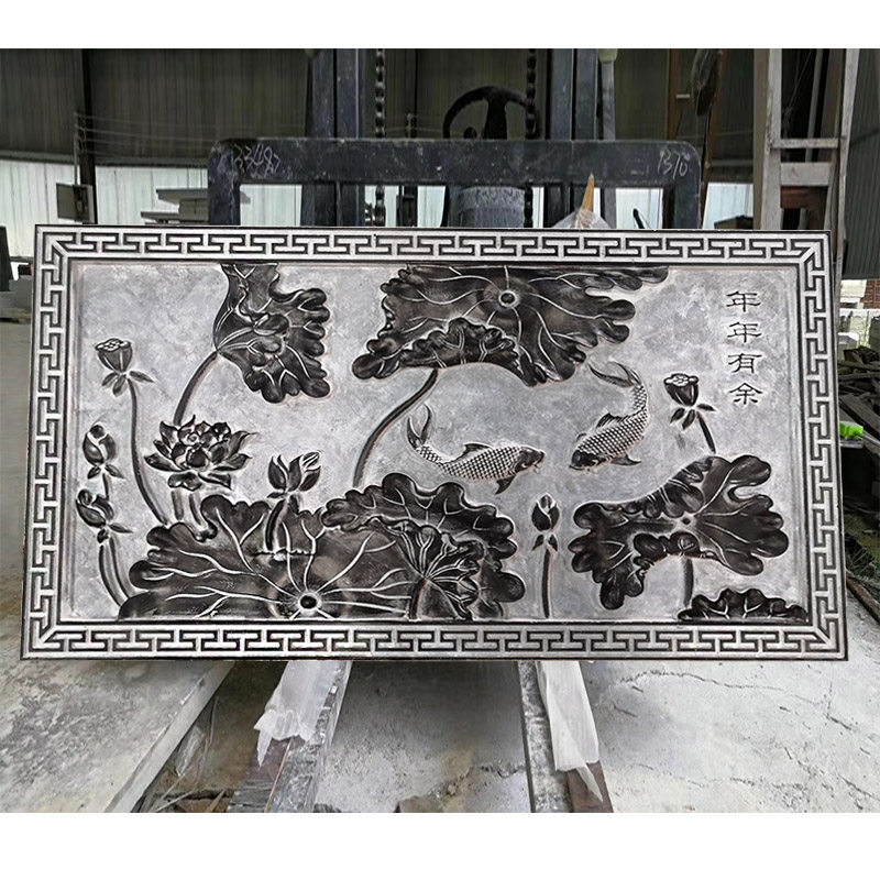 汉白玉大理石青石石雕迎客松山水浮雕外墙雕花影壁画荷花鱼迎定制