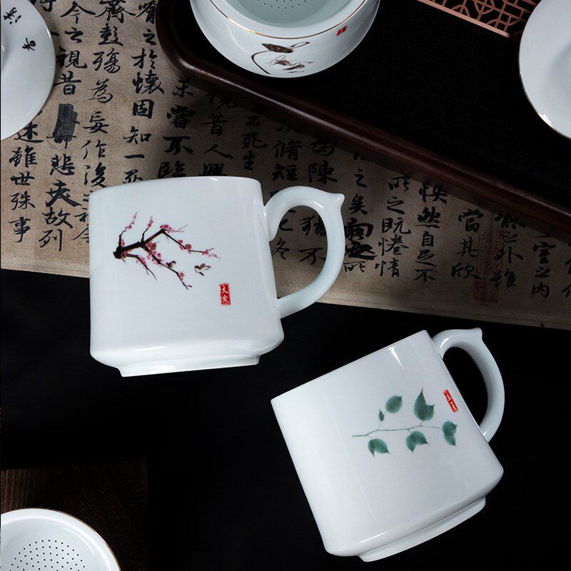 景德镇陶瓷二十四节气过滤杯带盖子茶杯带把手水杯会议杯家用陶瓷