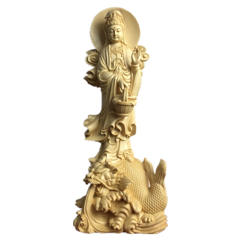 桧木精雕鳌鱼观音骑龙鱼菩萨神像摆件家居客厅寺庙供奉装饰工艺品