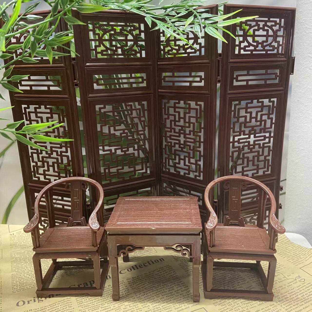 新款古风拍照迷你摆件模型微缩家具小圈椅官桌子屏风摆件复古全套