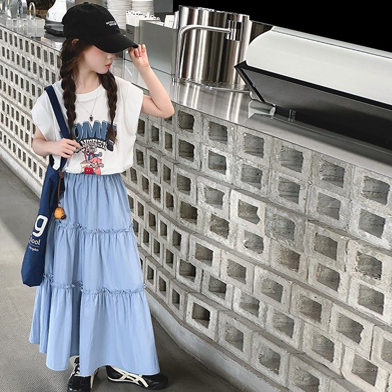 女童夏季套装2024新款儿童时髦洋气夏装大童短袖T恤半身裙两件套