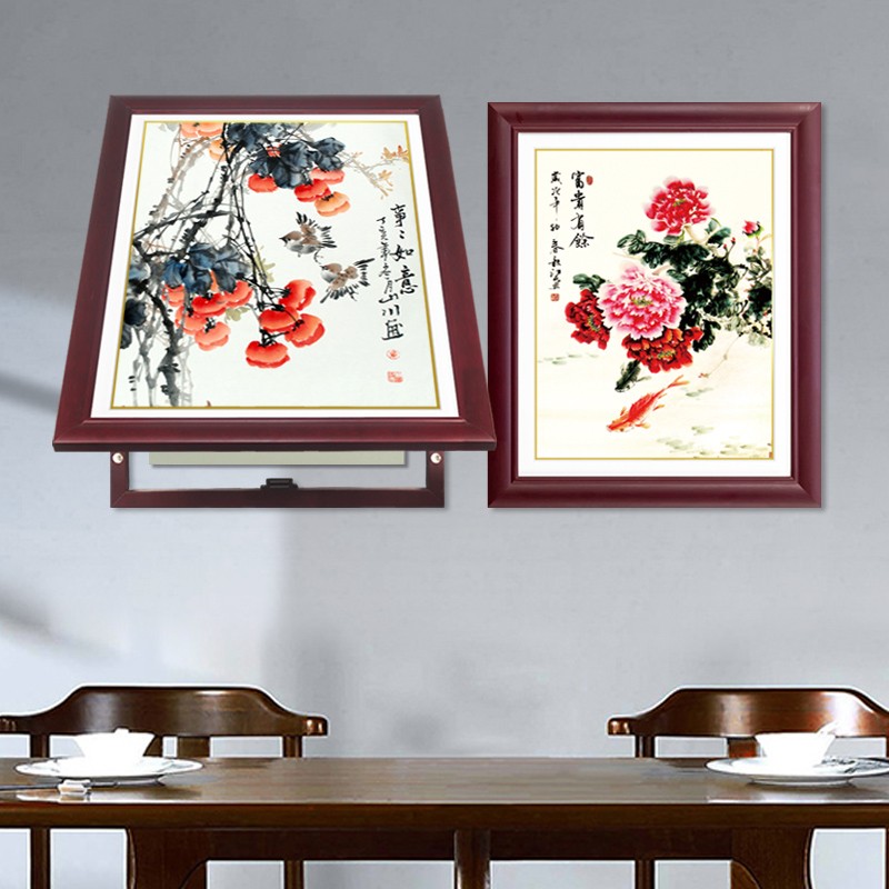 餐厅新中式实木推拉装饰画国画电表箱液压上翻二联电闸箱画免打孔