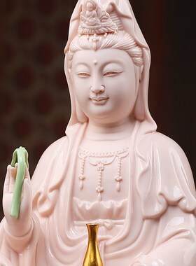戴玉堂陶瓷12吋坐莲观音菩萨玉红佛像居家供奉家用观世音菩萨摆件