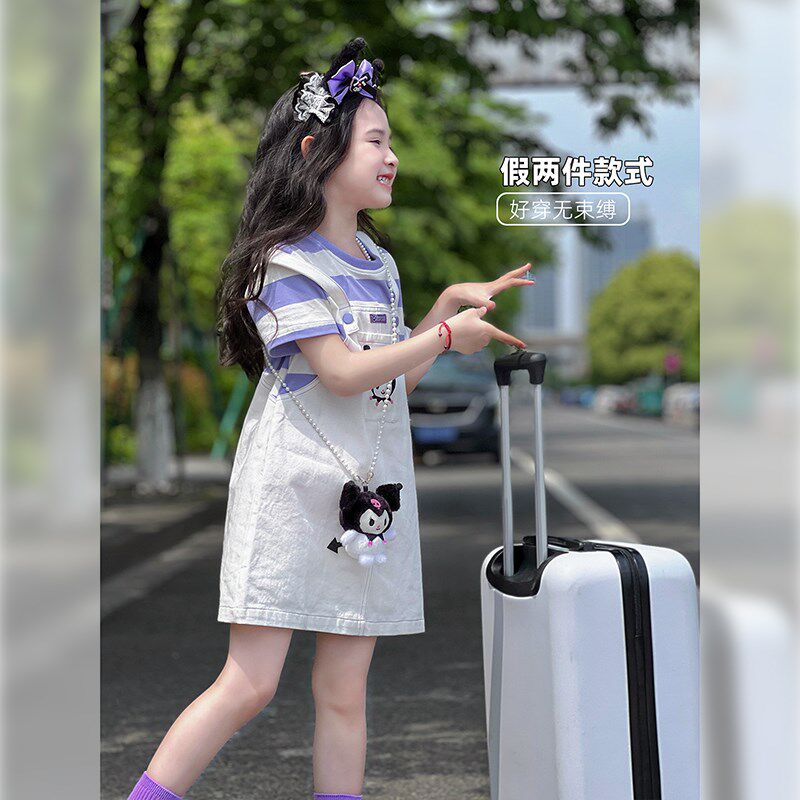 女童连衣裙2025夏季新款儿童薄款假两件卡通背带裙洋气短袖裙子潮