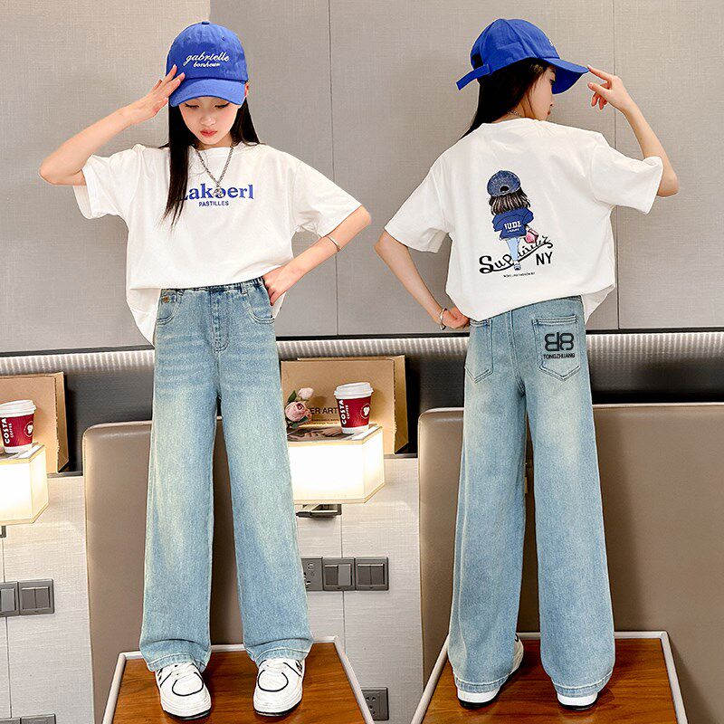 女童短袖t恤夏季套装2024新款儿童中学生大童夏装薄款牛仔阔腿裤