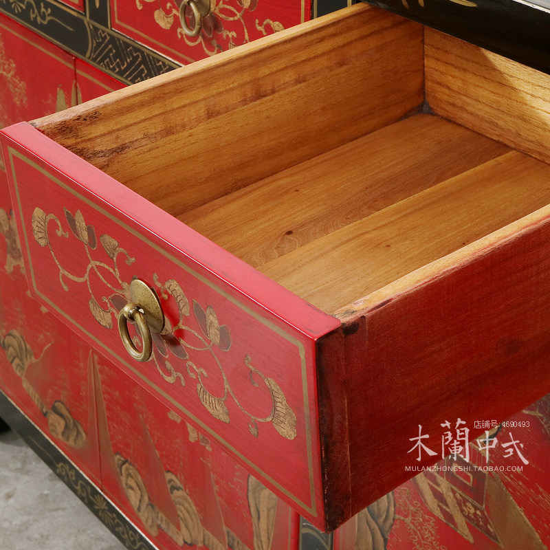 新中式家具 仿古做旧玄关柜 手绘描金翘头实木餐边柜装饰柜鞋柜