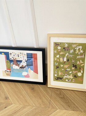 可爱儿童房床头动物插画拍照道具小众艺术实木装饰画可墙挂可摆件