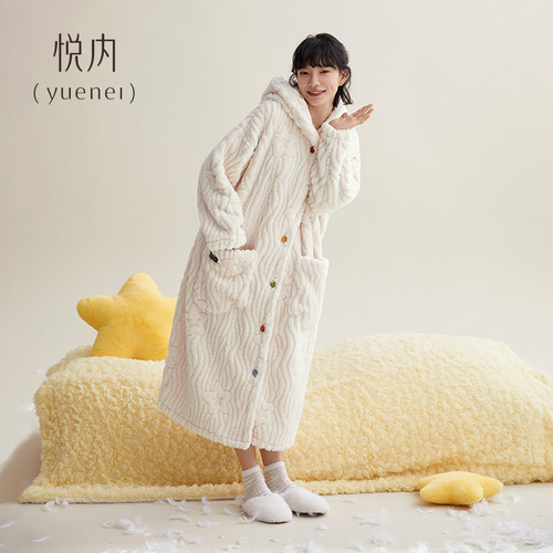 悦内睡袍女士睡衣秋冬季冬款法兰绒加厚加绒珊瑚绒浴袍家居服长版