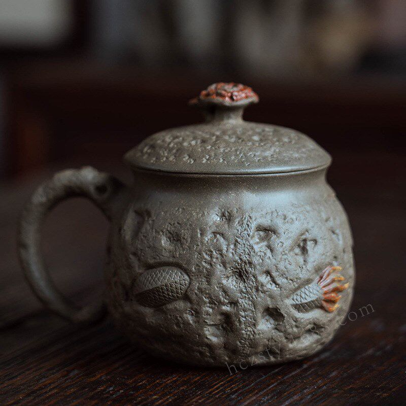 宜兴紫砂杯原矿降坡泥家用办公室水杯带盖仿生灵芝供春龙盖杯茶具