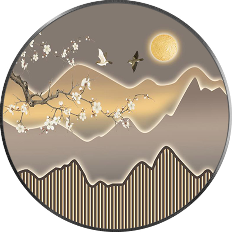 新中式玄关装饰画中国风花鸟灯画挂画禅意茶室背景墙圆形壁画LED