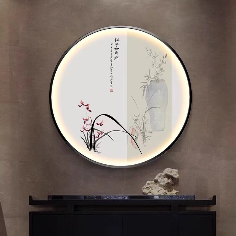 新中式玄关圆形装饰画书房茶室氛围灯画水墨禅意花鸟意境古风挂画