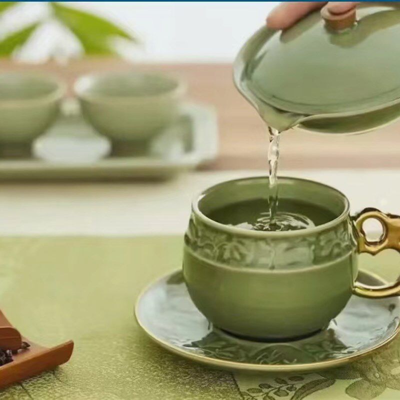耀州窑青瓷中式仿古青釉逐兔戏月托杯功夫茶杯主人杯办公家用茶杯