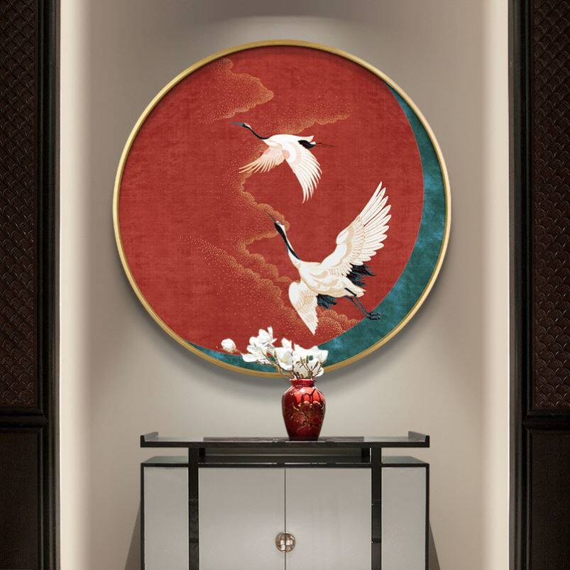 古风仙鹤圆形禅意装饰画民宿酒店办公室中国风走廊过道挂画玄关画